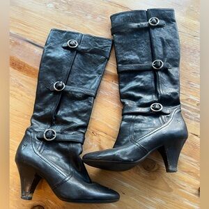 Frye Black Leather Heeled Boots with Buckle Detail